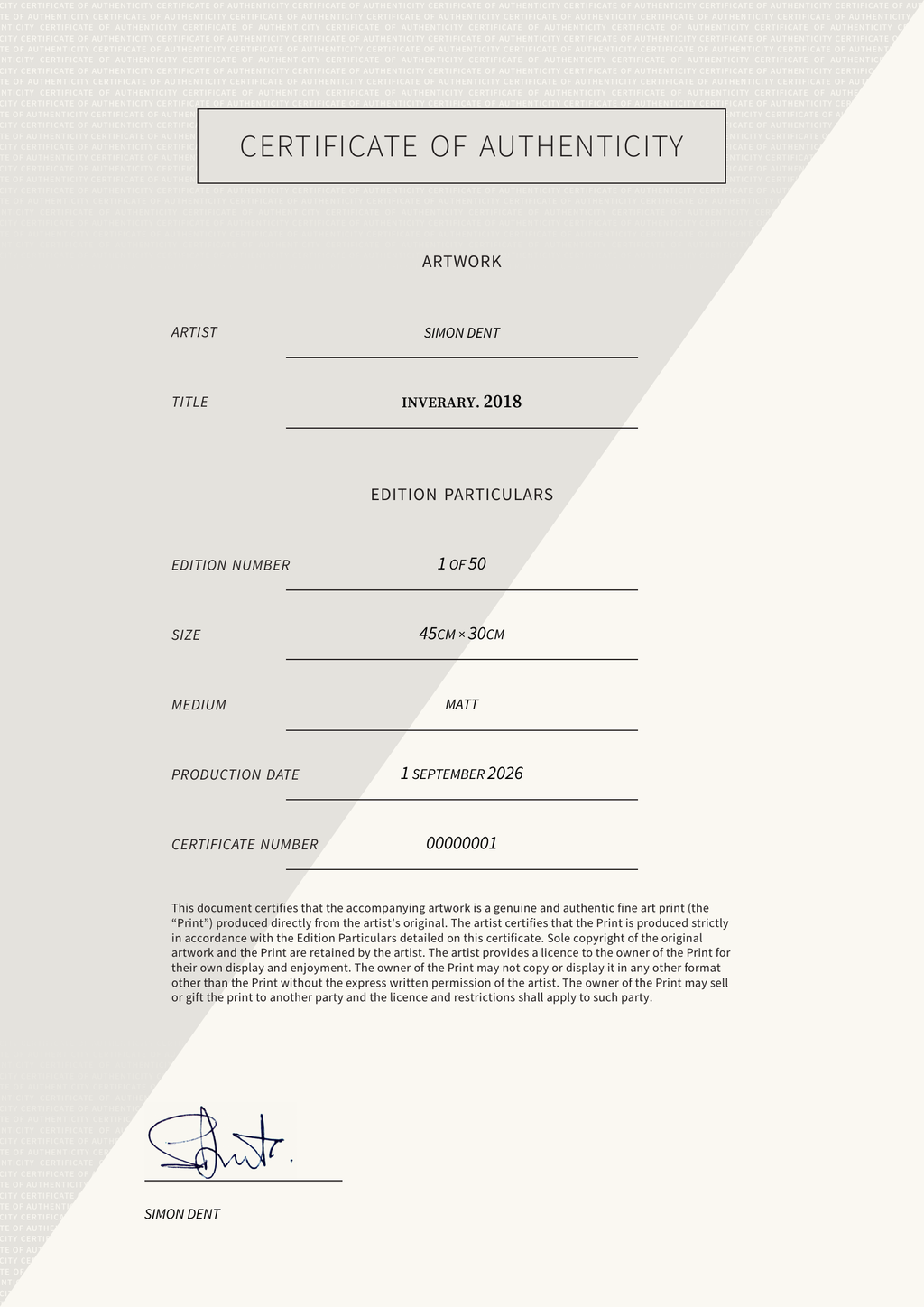 Inverary. 2018 — Certificate of Authenticity