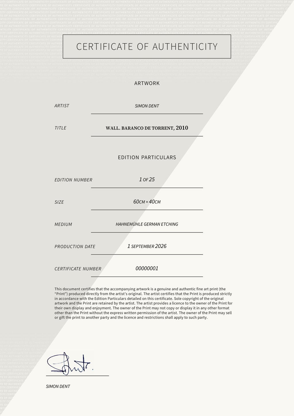 Wall. Baranco de Torrent, 2010 — Certificate of Authenticity